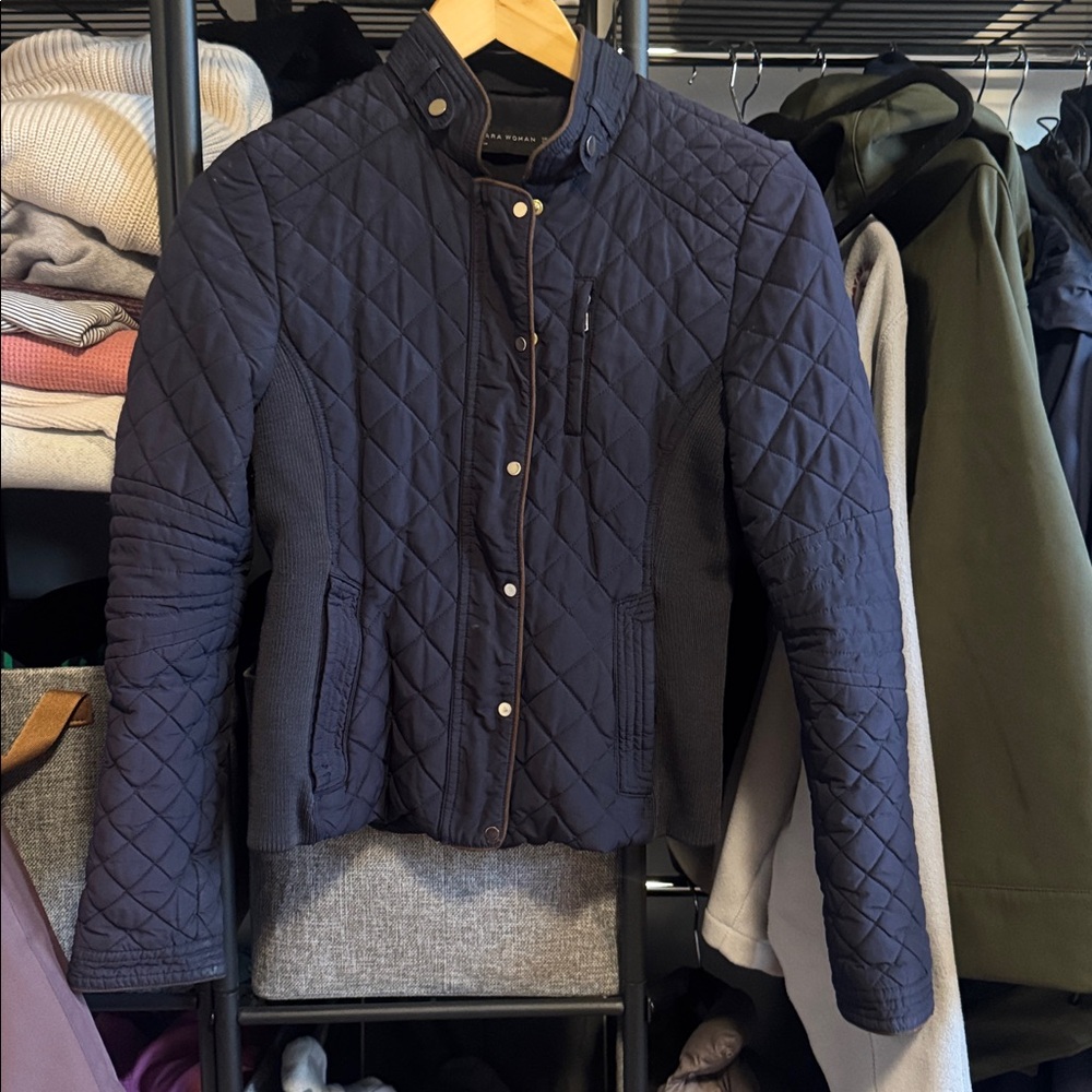 Zara XS Navy Slim Puffer Jacket with Stand Collar